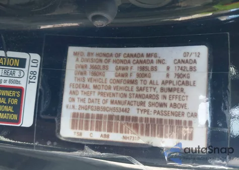 2012 Honda Civic Lx from USA, damaged, VIN 2HGFG3B59CH553442
